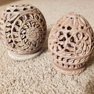 Hand-carved Soapstone Sphere Egg Cutout Tealight Votive Candle Holder - Set of 2